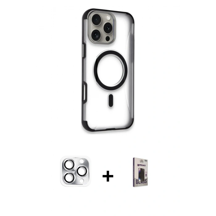 MARSİLYAN™- iPhone 16 Pro Max Kılıf Eksen Klasik Koleksiyonu - Siyah Bilvis Hayalet Cam Ekran Koruyucu + Pers Alüminyum Kamera Lens - GS