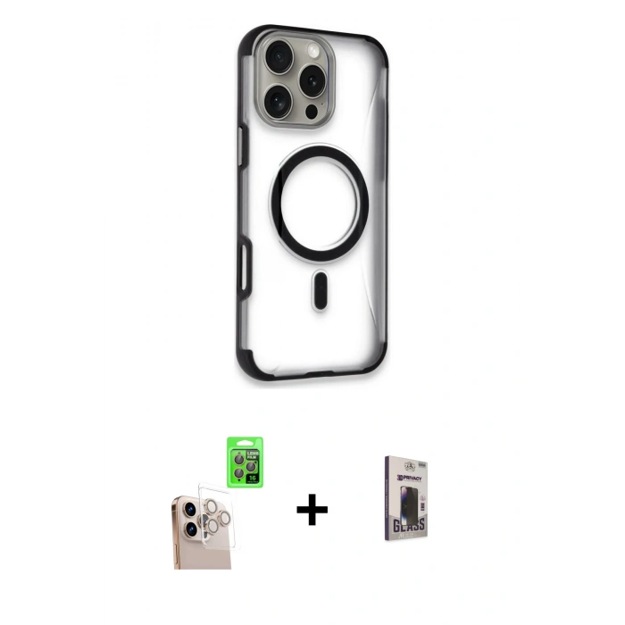 MARSİLYAN™- iPhone 16 Pro Max Kılıf Eksen Klasik Koleksiyonu - Siyah Bilvis Hayalet Cam Ekran Koruyucu + Raze Metal Kamera Lens - NLGY