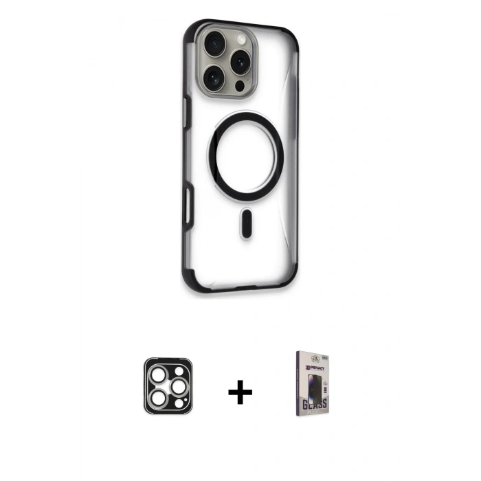 MARSİLYAN™- iPhone 16 Pro Max Kılıf Eksen Klasik Koleksiyonu - Siyah Bilvis Hayalet Cam Ekran Koruyucu + PVD Metal Kamera Lens - GS