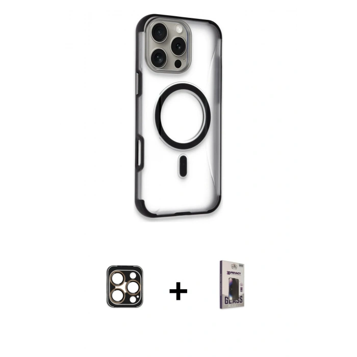 MARSİLYAN™- iPhone 16 Pro Max Kılıf Eksen Klasik Koleksiyonu - Siyah Bilvis Hayalet Cam Ekran Koruyucu + PVD Metal Kamera Lens - GD