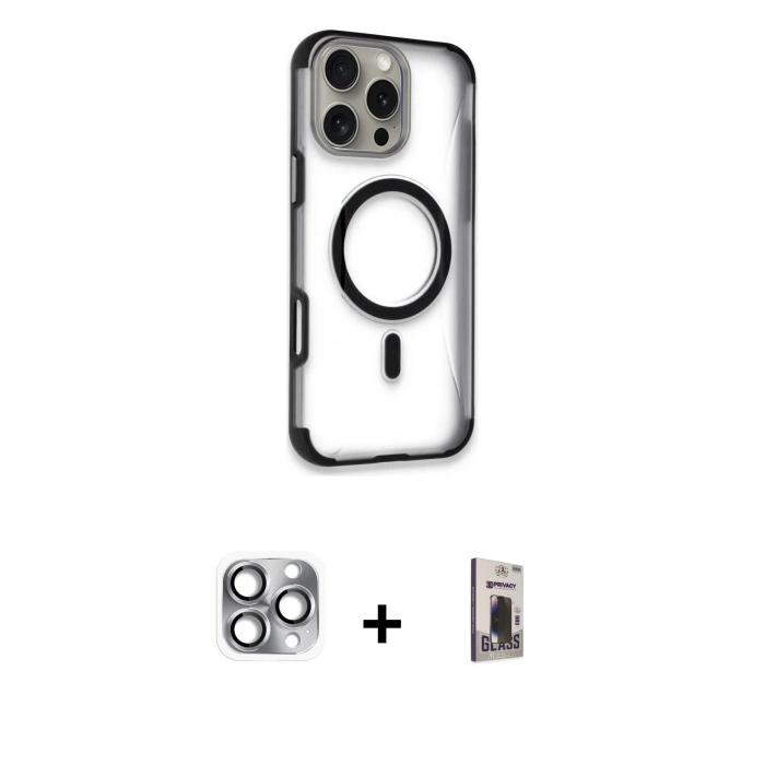 MARSİLYAN™- iPhone 16 Pro Max Kılıf Eksen Klasik Koleksiyonu - Siyah Bilvis Hayalet Cam Ekran Koruyucu + Pers Alüminyum Kamera Lens - GI