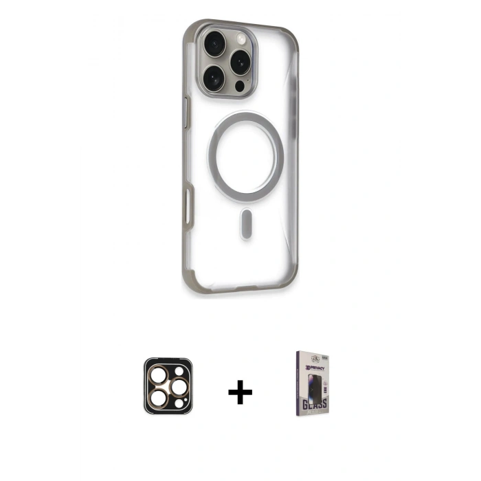 MARSİLYAN™- iPhone 16 Pro Max Kılıf Eksen Klasik Koleksiyonu - Siyah Bilvis Hayalet Cam Ekran Koruyucu + PVD Metal Kamera Lens - GD