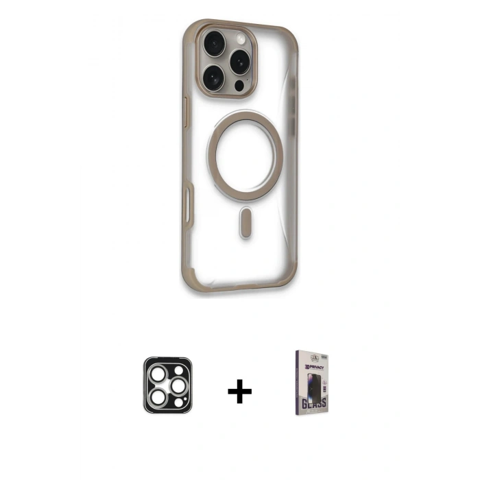 MARSİLYAN™- iPhone 16 Pro Max Kılıf Eksen Klasik Koleksiyonu - Siyah Bilvis Hayalet Cam Ekran Koruyucu + PVD Metal Kamera Lens - GS