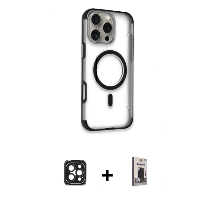 MARSİLYAN™- iPhone 16 Pro Max Kılıf Eksen Klasik Koleksiyonu - Siyah Bilvis Hayalet Cam Ekran Koruyucu + PVD Metal Kamera Lens - SH
