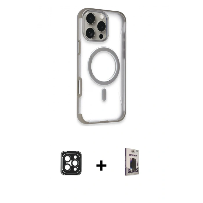MARSİLYAN™- iPhone 16 Pro Max Kılıf Eksen Klasik Koleksiyonu - Siyah Bilvis Hayalet Cam Ekran Koruyucu + PVD Metal Kamera Lens - SH