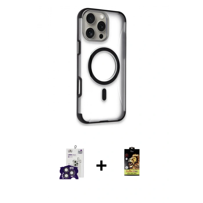 MARSİLYAN™- iPhone 16 Pro Max Kılıf Eksen Klasik Koleksiyonu - Siyah Buffer Cam Ekran Koruyucu + Bilvis Titan Kamera Lens - TMGI