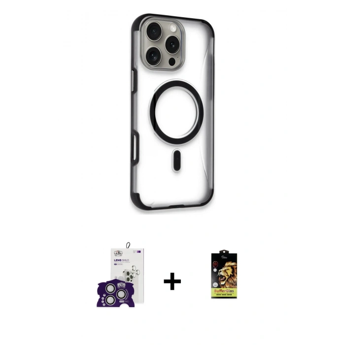 MARSİLYAN™- iPhone 16 Pro Max Kılıf Eksen Klasik Koleksiyonu - Siyah Buffer Cam Ekran Koruyucu + Bilvis Titan Kamera Lens - GS