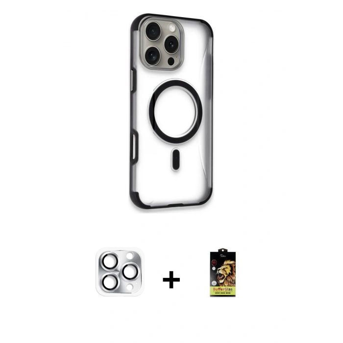 MARSİLYAN™- iPhone 16 Pro Max Kılıf Eksen Klasik Koleksiyonu - Siyah Buffer Cam Ekran Koruyucu + Pers Alüminyum Kamera Lens - GS