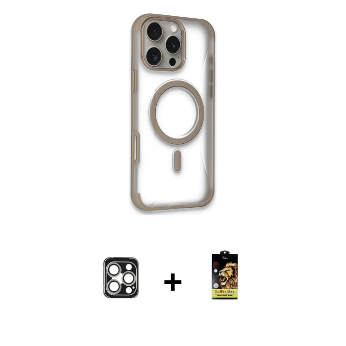MARSİLYAN™- iPhone 16 Pro Max Kılıf Eksen Klasik Koleksiyonu - Siyah Buffer Cam Ekran Koruyucu + PVD Metal Kamera Lens - GS