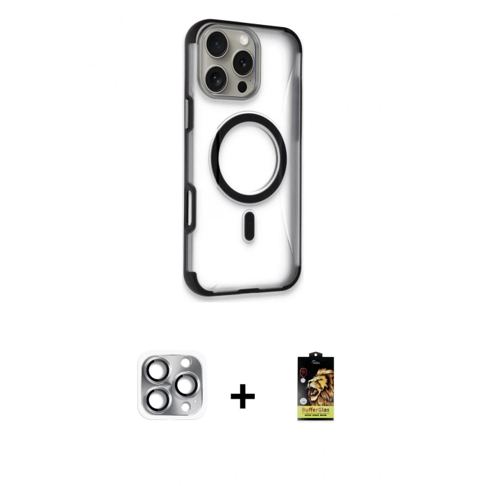 MARSİLYAN™- iPhone 16 Pro Max Kılıf Eksen Klasik Koleksiyonu - Siyah Buffer Cam Ekran Koruyucu + Pers Alüminyum Kamera Lens - GI