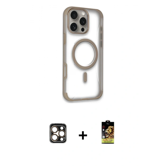 MARSİLYAN™- iPhone 16 Pro Max Kılıf Eksen Klasik Koleksiyonu - Siyah Buffer Cam Ekran Koruyucu + PVD Metal Kamera Lens - GD