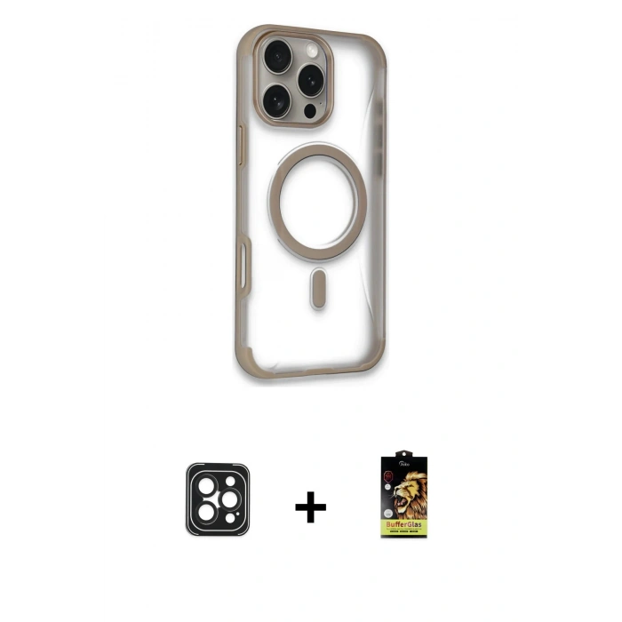 MARSİLYAN™- iPhone 16 Pro Max Kılıf Eksen Klasik Koleksiyonu - Siyah Buffer Cam Ekran Koruyucu + PVD Metal Kamera Lens - SH
