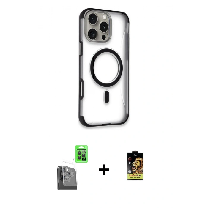 MARSİLYAN™- iPhone 16 Pro Max Kılıf Eksen Klasik Koleksiyonu - Siyah Buffer Cam Ekran Koruyucu + Siyah Raze Metal Kamera Lens
