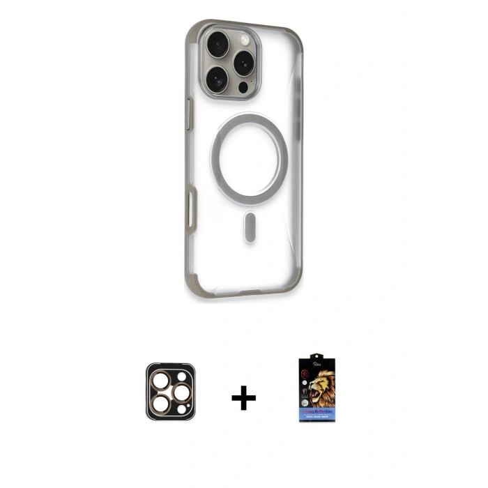 MARSİLYAN™- iPhone 16 Pro Max Kılıf Eksen Klasik Koleksiyonu - Siyah Buffer Hayalet Cam Ekran Koruyucu + Gold PVD Metal Kamera Lens
