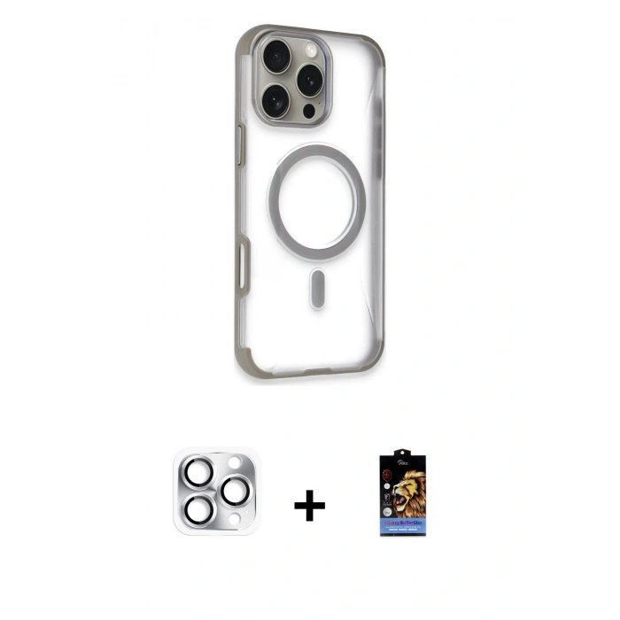 MARSİLYAN™- iPhone 16 Pro Max Kılıf Eksen Klasik Koleksiyonu - Siyah Buffer Hayalet Cam Ekran Koruyucu + Gümüş Pers Alüminyum Kamera Lens