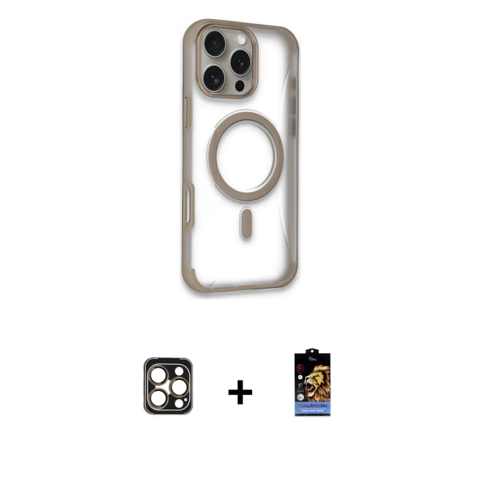 MARSİLYAN™- iPhone 16 Pro Max Kılıf Eksen Klasik Koleksiyonu - Siyah Buffer Hayalet Cam Ekran Koruyucu + Gold PVD Metal Kamera Lens