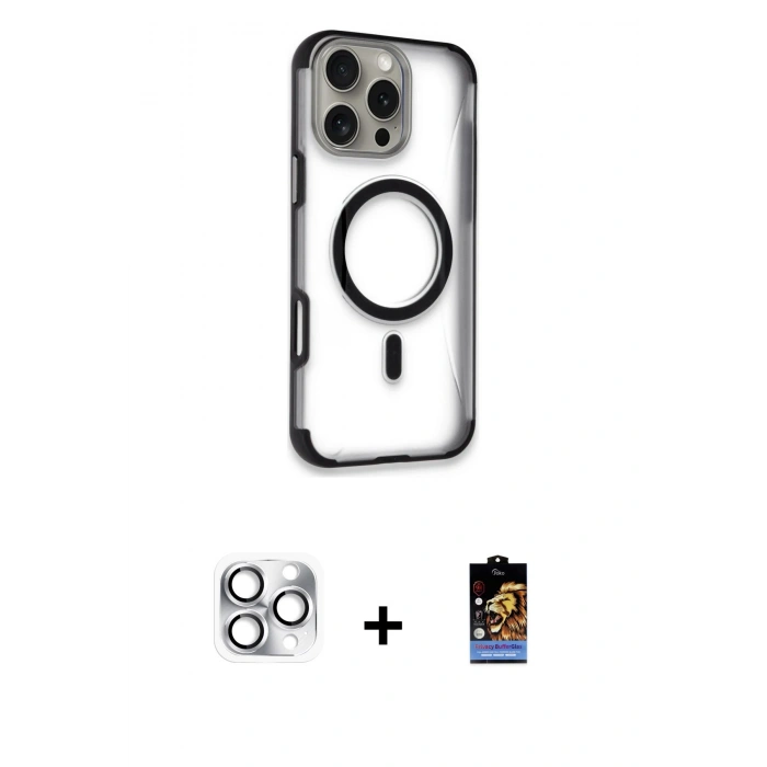 MARSİLYAN™- iPhone 16 Pro Max Kılıf Eksen Klasik Koleksiyonu - Siyah Buffer Hayalet Cam Ekran Koruyucu + Gümüş Pers Alüminyum Kamera Lens