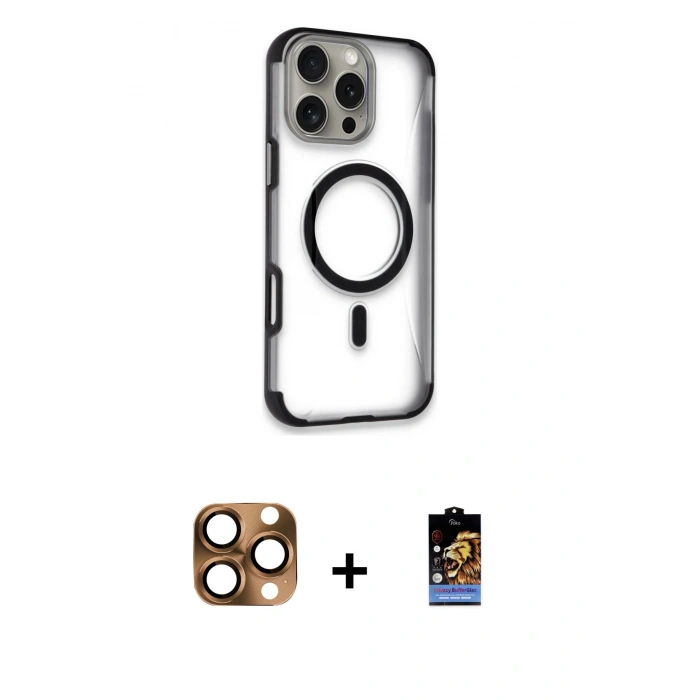 MARSİLYAN™- iPhone 16 Pro Max Kılıf Eksen Klasik Koleksiyonu - Siyah Buffer Hayalet Cam Ekran Koruyucu + Pers Alüminyum Kamera Lens - CLTM