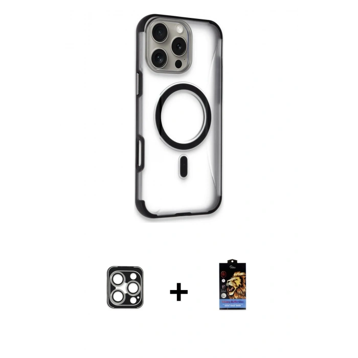 MARSİLYAN™- iPhone 16 Pro Max Kılıf Eksen Klasik Koleksiyonu - Siyah Buffer Hayalet Cam Ekran Koruyucu + PVD Metal Kamera Lens - GS