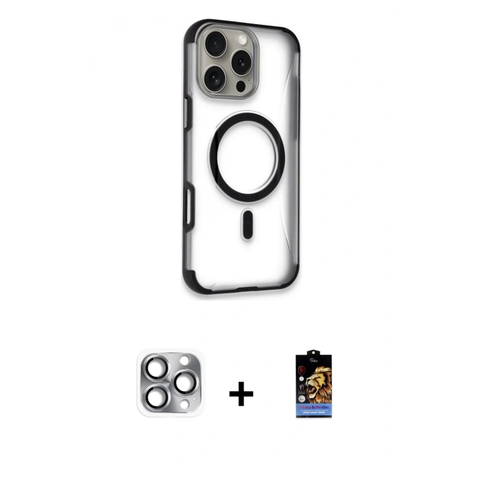 MARSİLYAN™- iPhone 16 Pro Max Kılıf Eksen Klasik Koleksiyonu - Siyah Buffer Hayalet Cam Ekran Koruyucu + Pers Alüminyum Kamera Lens - GI