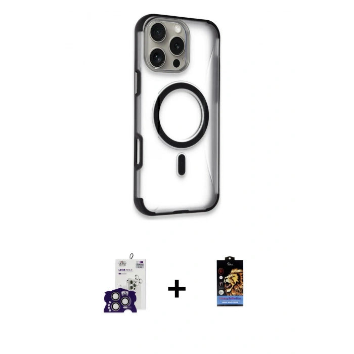 MARSİLYAN™- iPhone 16 Pro Max Kılıf Eksen Klasik Koleksiyonu - Siyah Buffer Hayalet Cam Ekran Koruyucu + Bilvis Titan Kamera Lens - TMGI