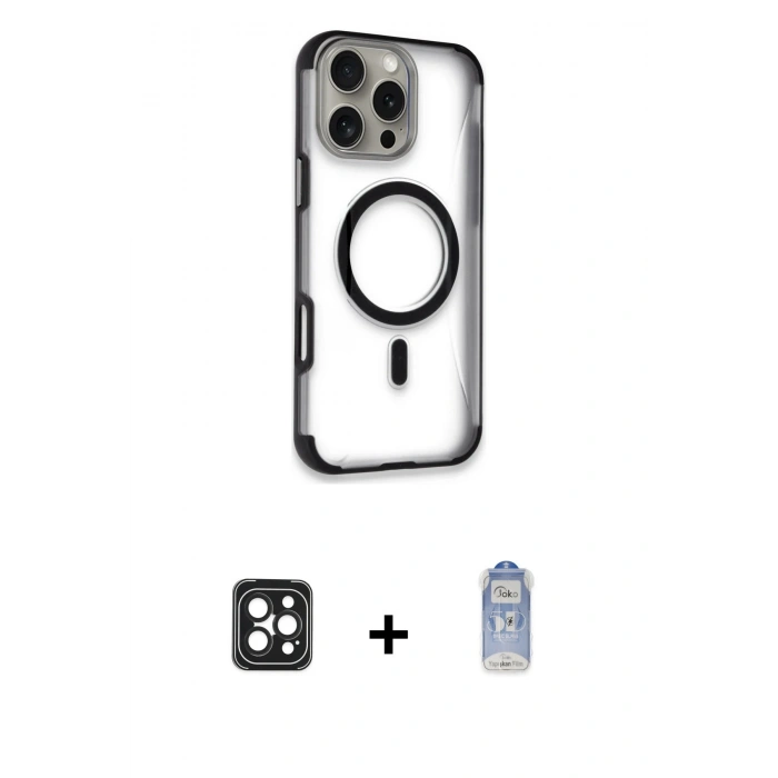 MARSİLYAN™- iPhone 16 Pro Max Kılıf Eksen Klasik Koleksiyonu - Siyah Joko Magic 5D Cam + Siyah PVD Metal Kamera Lens