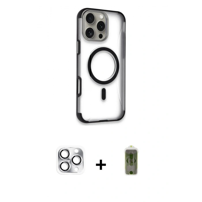 MARSİLYAN™- iPhone 16 Pro Max Kılıf Eksen Klasik Koleksiyonu - Siyah Joko Magic 5D Hayalet Cam + Pers Alüminyum Kamera Lens - GS