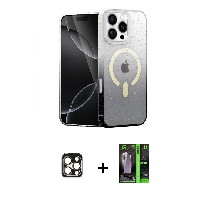 MARSİLYAN™- iPhone 16 Pro Max Kılıf Eksen Minimal Özel Seri - Şeffaf 360 Full Body Arka Koruyucu + PVD Metal Kamera Lens - GD