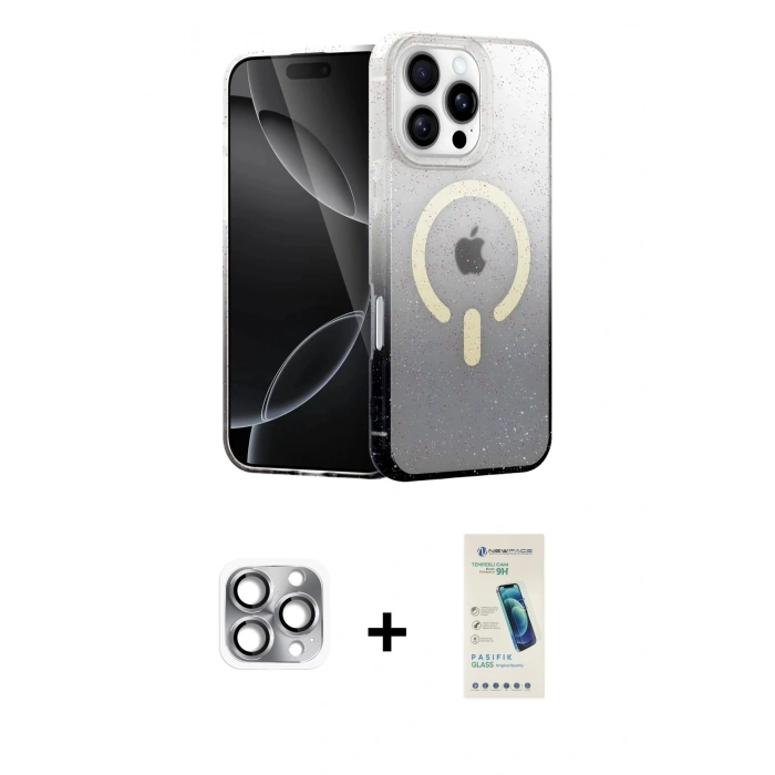 MARSİLYAN™- iPhone 16 Pro Max Kılıf Eksen Minimal Özel Seri - Şeffaf Pasifik Cam Ekran Koruyucu + Pers Alüminyum Kamera Lens - GI