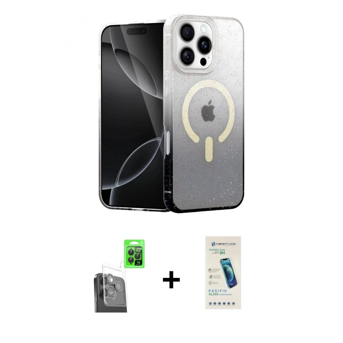 MARSİLYAN™- iPhone 16 Pro Max Kılıf Eksen Minimal Özel Seri - Şeffaf Pasifik Cam Ekran Koruyucu + Raze Metal Kamera Lens - SH
