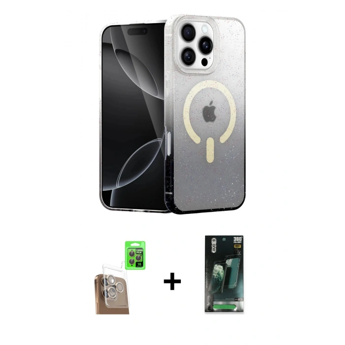 MARSİLYAN™- iPhone 16 Pro Max Kılıf Eksen Minimal Özel Seri - Siyah 360 Mat Full Body Arka Koruyucu + Çöl Titanyum Raze Metal Kamera Lens