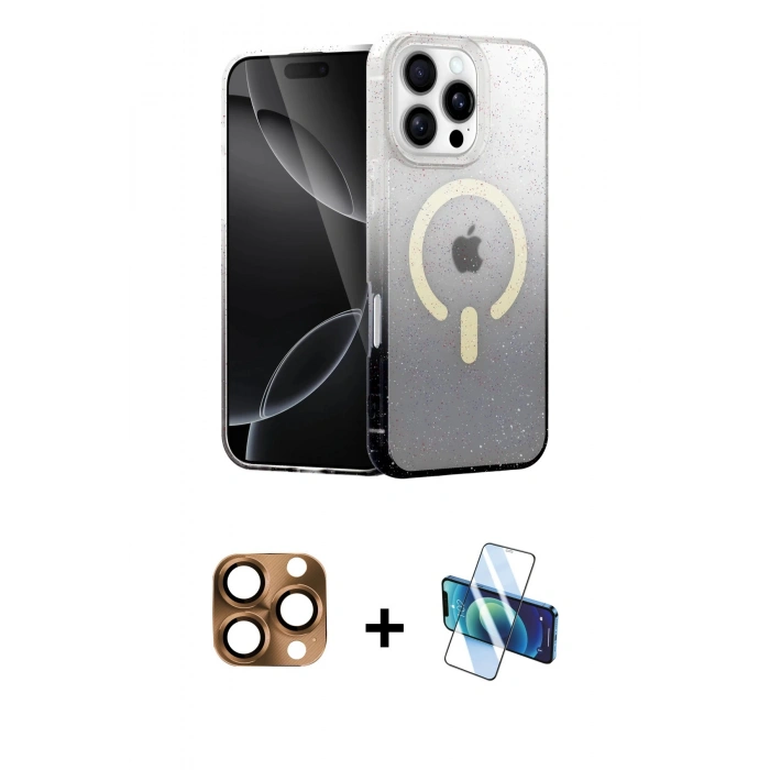 MARSİLYAN™- iPhone 16 Pro Max Kılıf Eksen Minimal Özel Seri - Siyah 3D Antistatik Cam Ekran Koruyucu + Pers Alüminyum Kamera Lens - CLTM