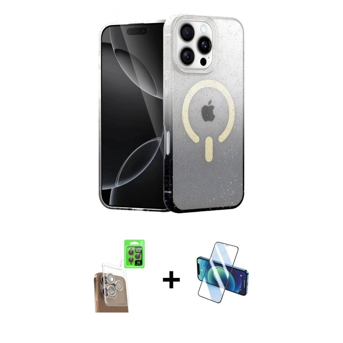 MARSİLYAN™- iPhone 16 Pro Max Kılıf Eksen Minimal Özel Seri - Siyah 3D Antistatik Cam Ekran Koruyucu + Raze Metal Kamera Lens - CLTM