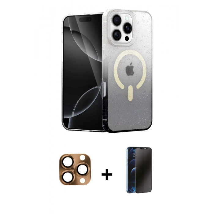 MARSİLYAN™- iPhone 16 Pro Max Kılıf Eksen Minimal Özel Seri - Siyah 3D Antistatik Hayalet Cam Ekran Koruyucu + Pers Alüminyum Kamera Lens - CLTM