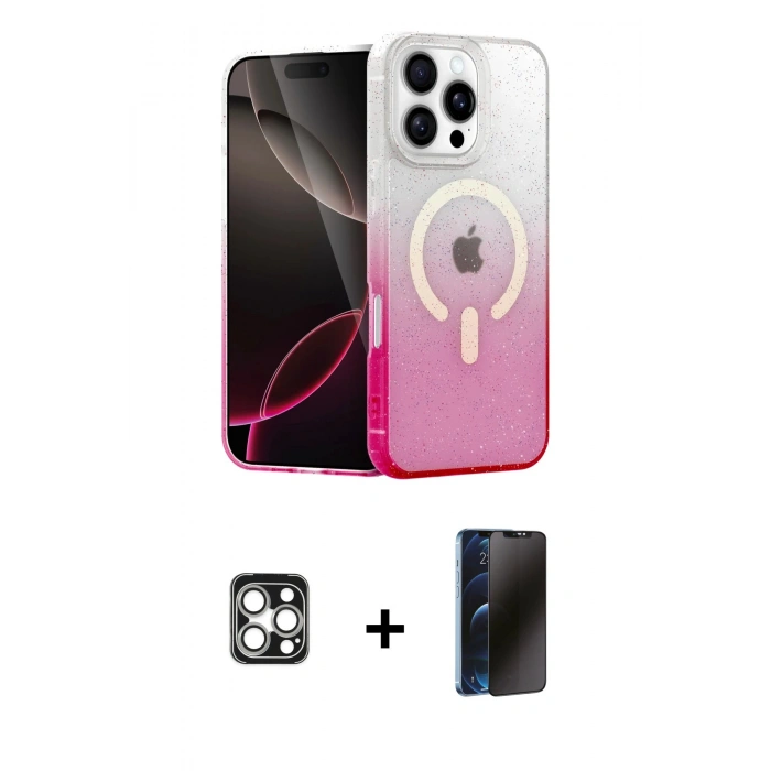 MARSİLYAN™- iPhone 16 Pro Max Kılıf Eksen Minimal Özel Seri - Siyah 3D Antistatik Hayalet Cam Ekran Koruyucu + PVD Metal Kamera Lens - GS
