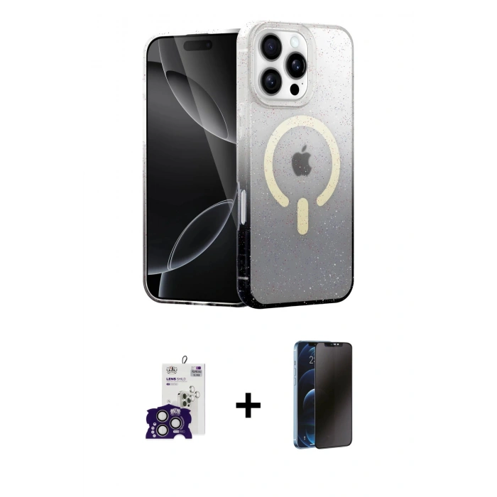 MARSİLYAN™- iPhone 16 Pro Max Kılıf Eksen Minimal Özel Seri - Siyah 3D Antistatik Hayalet Cam Ekran Koruyucu + Bilvis Titan Kamera Lens - TMGI