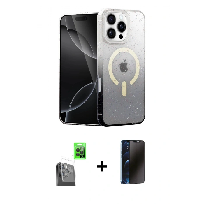MARSİLYAN™- iPhone 16 Pro Max Kılıf Eksen Minimal Özel Seri - Siyah 3D Antistatik Hayalet Cam Ekran Koruyucu + Raze Metal Kamera Lens - SH