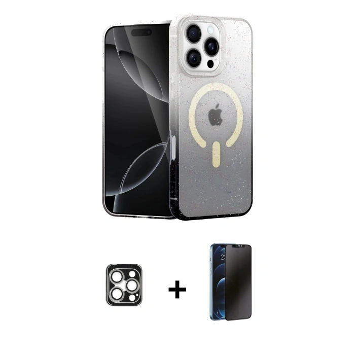 MARSİLYAN™- iPhone 16 Pro Max Kılıf Eksen Minimal Özel Seri - Siyah 3D Antistatik Hayalet Cam Ekran Koruyucu + PVD Metal Kamera Lens - GS