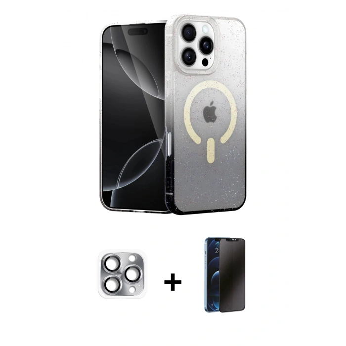 MARSİLYAN™- iPhone 16 Pro Max Kılıf Eksen Minimal Özel Seri - Siyah 3D Antistatik Hayalet Cam Ekran Koruyucu + Pers Alüminyum Kamera Lens - GI