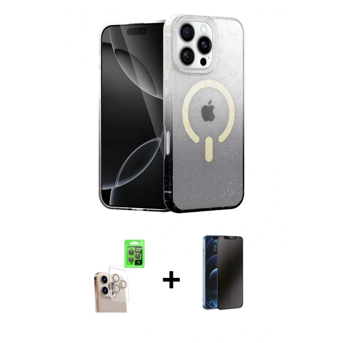 MARSİLYAN™- iPhone 16 Pro Max Kılıf Eksen Minimal Özel Seri - Siyah 3D Antistatik Hayalet Cam Ekran Koruyucu + Raze Metal Kamera Lens - NLGY