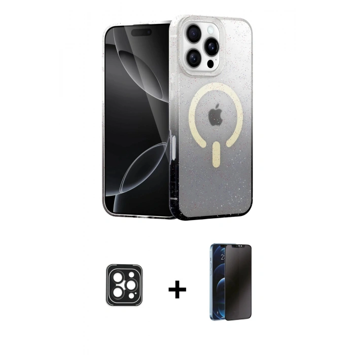 MARSİLYAN™- iPhone 16 Pro Max Kılıf Eksen Minimal Özel Seri - Siyah 3D Antistatik Hayalet Cam Ekran Koruyucu + PVD Metal Kamera Lens - SH