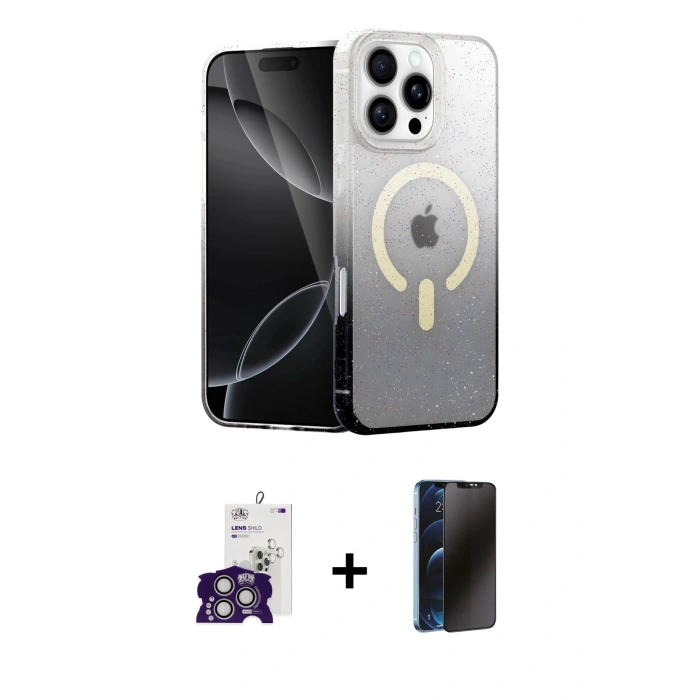 MARSİLYAN™- iPhone 16 Pro Max Kılıf Eksen Minimal Özel Seri - Siyah 3D Antistatik Hayalet Cam Ekran Koruyucu + Bilvis Titan Kamera Lens - GS