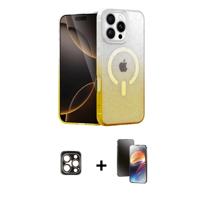MARSİLYAN™- iPhone 16 Pro Max Kılıf Eksen Minimal Özel Seri - Siyah 3D Antistatik Mat Seramik Nano Ekran Koruyucu + Gold PVD Metal Kamera Lens