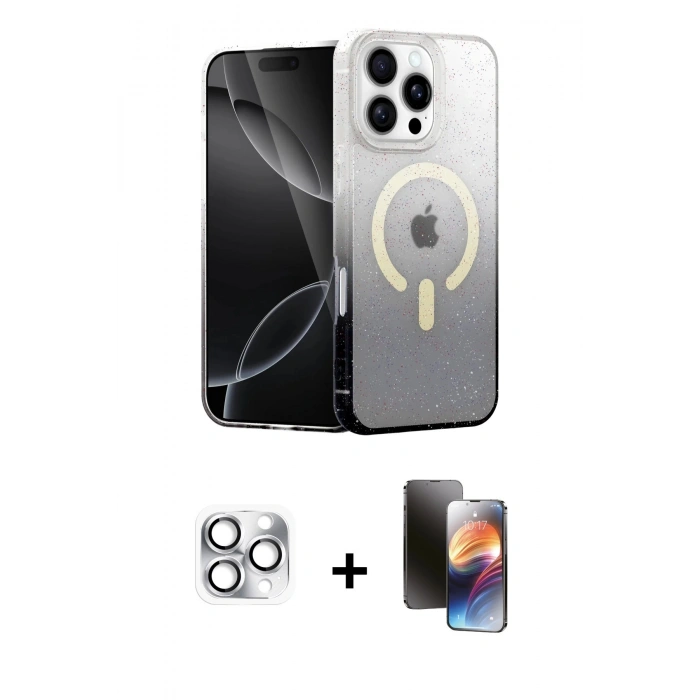 MARSİLYAN™- iPhone 16 Pro Max Kılıf Eksen Minimal Özel Seri - Siyah 3D Antistatik Mat Seramik Nano Ekran Koruyucu + Gümüş Pers Alüminyum Kamera Lens