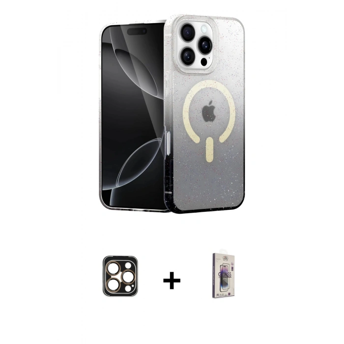 MARSİLYAN™- iPhone 16 Pro Max Kılıf Eksen Minimal Özel Seri - Siyah Bilvis 3D Cam Ekran Koruyucu + Gold PVD Metal Kamera Lens