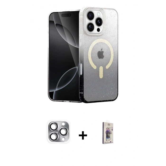 MARSİLYAN™- iPhone 16 Pro Max Kılıf Eksen Minimal Özel Seri - Siyah Bilvis 3D Cam Ekran Koruyucu + Pers Alüminyum Kamera Lens - GI