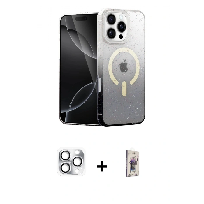 MARSİLYAN™- iPhone 16 Pro Max Kılıf Eksen Minimal Özel Seri - Siyah Bilvis 3D Cam Ekran Koruyucu + Pers Alüminyum Kamera Lens - GS