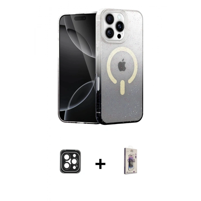 MARSİLYAN™- iPhone 16 Pro Max Kılıf Eksen Minimal Özel Seri - Siyah Bilvis 3D Cam Ekran Koruyucu + PVD Metal Kamera Lens - SH