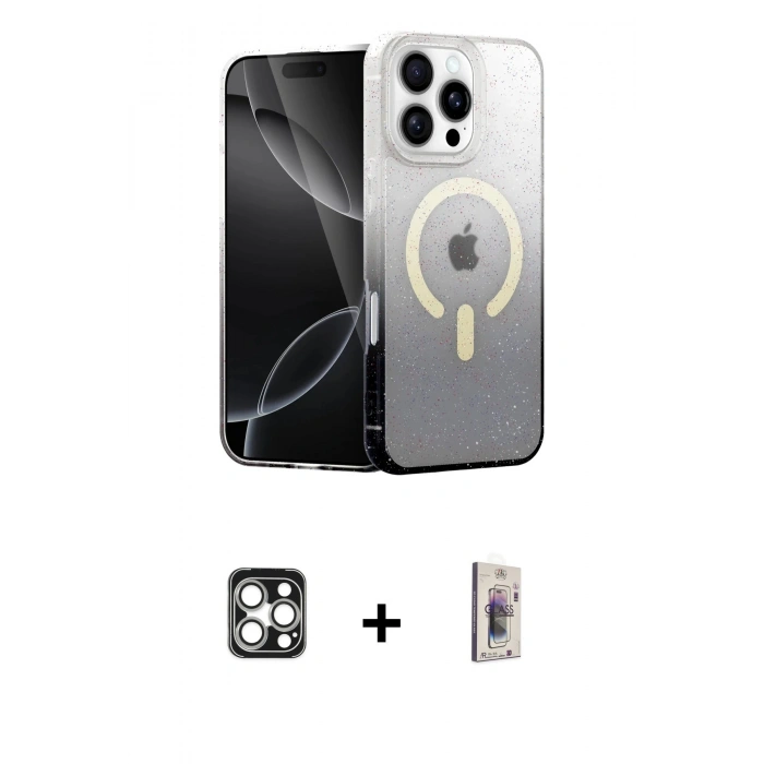 MARSİLYAN™- iPhone 16 Pro Max Kılıf Eksen Minimal Özel Seri - Siyah Bilvis 3D Cam Ekran Koruyucu + PVD Metal Kamera Lens - GS