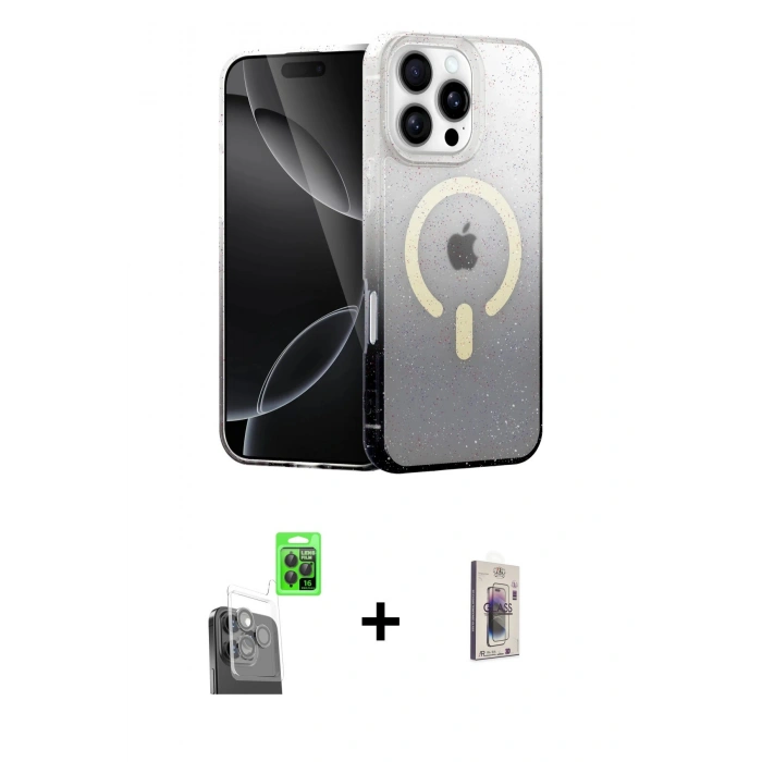 MARSİLYAN™- iPhone 16 Pro Max Kılıf Eksen Minimal Özel Seri - Siyah Bilvis 3D Cam Ekran Koruyucu + Raze Metal Kamera Lens - SH